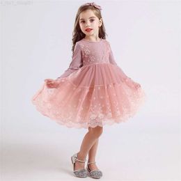Pullover Girls' Winter Knitted Long Sleeve Lace Mesh Flower Dress for Children Tutu Birthday Party Tank Top for Children Autumn Warm Clothing Z230724