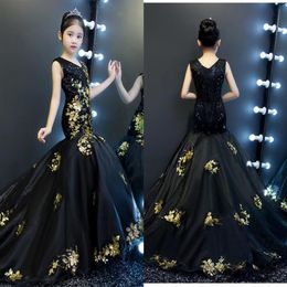 Gold And Black Mermaid Girls Pageant Dresses 2019 V-neck V Back Sequined Tulle Toddler Party Dress Special Occasion Dresses Kids F183D