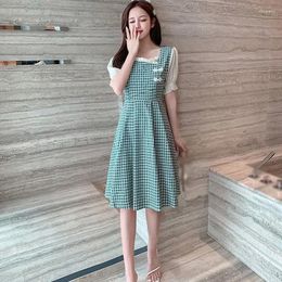 Casual Dresses Women Spring Summer Dress French Style Retro Fairy Tale Sweet Elegant Slim Plaid Square Collar Stitching Short-Sleeved Skirt