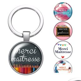 Keychains Lanyards Merci Maitresse French Glass Cabochon Keychain Bag Car Key Chain Ring Holder Charms Sier Color For Men Women Gift Dhibj