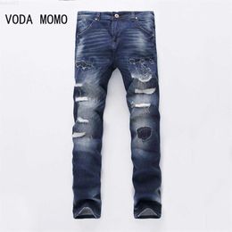 Men's Jeans New Dropshipping Men Ripped Biker Jeans Distressed Moto Denim Joggers Destroyed Knee Leather Pleated Patch Jeans L230724