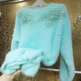 Women's Sweaters Heavy Industry Mint Color Rhinestone Shiny Loose Sweater Women Special Fashion Pearl Beading Pullover Warm Autumn Winter