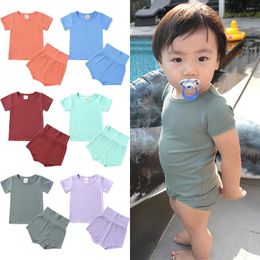 Clothing Sets 2 Pcs Summer Toddler Infant Baby Boys Girls Clothes Solid Short Sleeve Top Elastic Waist Shorts Cotton Born Outfit Suit