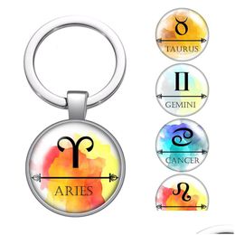 Keychains Lanyards 12 Constellations Signs Glass Cabochon Keychain Bag Car Key Chain Ring Holder Charms Sier For Men Women Gifts Dro Dhwlt