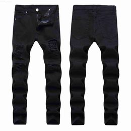Men's Jeans Mens High Street Style Biker Hole Distrressed With Zipper Slim Fit Denim Casual Male Trousers Pants Asian Size L230724