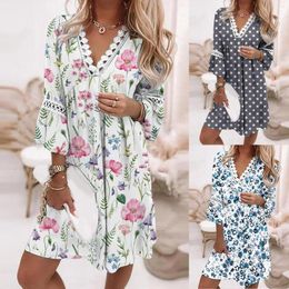 Casual Dresses Summer Women Lace Trim V Neck Floral Printing Beach Swing Sundress Party Dress Bohemian Femmes Robes L2