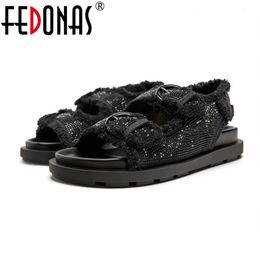 Sandals FEDONA Summer 2023 Casual Beach Flats High Thick Sole Platforms Shoes Woman Black Crystal Gladiator Sandalias 230724