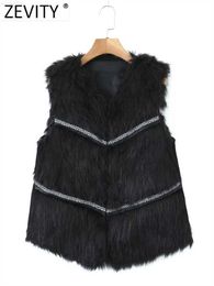 Women's Jackets Zevity Women Fashion V Neck Sleeveless Fur Vest Jacket Female Patchwork Cover Button Casual Outwear Coat Tops LS3354 L230724