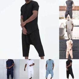 Running Sets 2023 Summer Men's Solid Colour Casual Short Sleeved Shorts Hanging Crotch Loose Three Piece Tuxedo Juniors Pant Suits Formal