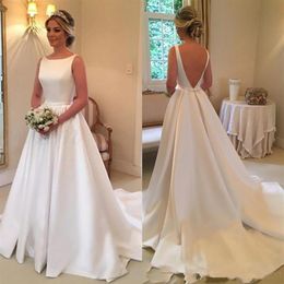 Scoop Neck A-line Satin Wedding Dresses Backless Chapel Train Bridal Wedding Gowns robe de mariee Custom275b