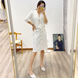 New m-aje Tassel V-Neck Small Fragrance Set Skirt Medium Sleeve Knitted Cardigan+Half length Dress Black and White Set