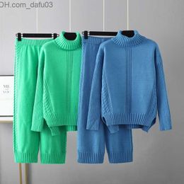 Women's Two Piece Pants 206 Cashmere Women's Track Suit Knitted Thick Women's Turtle Neck Sweater 2/2-Piece Drawstring Back Pants Set Z230724