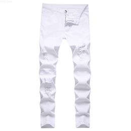 Men's Mens White Ripped Skinny Distressed Destroyed Biker Jeans Hole Distrressed Zipper Slim Fit Denim Casual Male Trousers Pants L230724