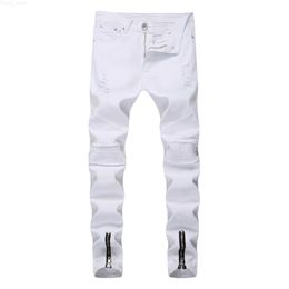 Men's Jeans Men White Solid Color Frayed Slim-Fit Bikes Pencil Pants Classic Business Streetwear Free Delivery L230724