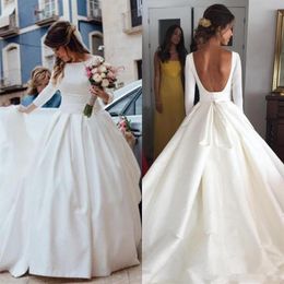 2020 New White Satin Long Sleeve Ball Gown Wedding Dresses Bridal gown Backless princess Plus Size Wedding Gown abiti da sposa222n