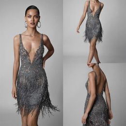 Berta 2020 Sexy Cocktail Dresses Tassel Short Spaghetti V Neck Backless Beaded Prom Gowns Illusion Luxury Formal Evening Dress251d