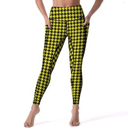 Women's Leggings Elegant Houndstooth Yoga Pants Pockets Black And Yellow High Waist Aesthetic Sport Legging Elastic Workout Leggins