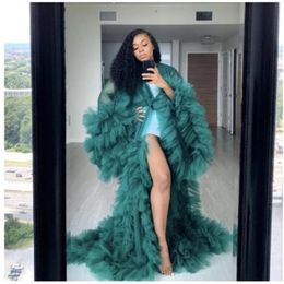 dark green Fashion Ruffles Tulle Kimono evening Dresses Robe Extra Puffy Prom Party Dresses Puffy Sleeves African Cape Cloak Pregn188u