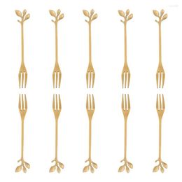 Dinnerware Sets 10 Pcs Stainless Steel Leaf Cake Fruit Forks Set Tasting Dessert Kitchen Accessory Wedding Party Golden