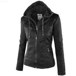 Women's Jackets 2022 Fashion Winter Faux Leather Jacket Women's Basic Jackets Hooded Black Slim Motorcycle Jacket Women Coats Female jaqueta L230724