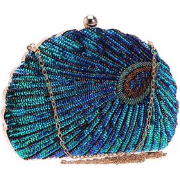 Evening Bags Retro Evening Bag Women's Clutch Wallet Sequin Bride Chain Shoulder Bag Wedding Party Peacock Blue 230724