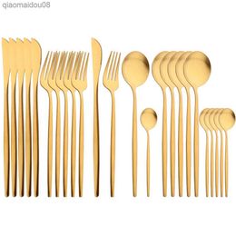 Drmfiy Matte 24Pcs Gold Tableware Set Western Home Stainless Steel Kitchen Knife Fork Coffee Spoon Dinnerware Set Cutlery Set L230704