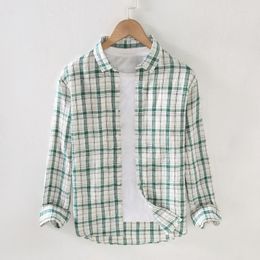 Men's Casual Shirts Pure Linen Men Long Sleeve Button-Down Plaid Dress Shirt Soft And Lightweight Green Checkered Top