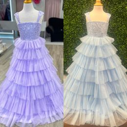 Ruffles Orchid Girl Pageant Dress 2024 Sequin Straps Layer Tulle Little Kid Birthday Formal Party Gown Infant Toddler Teens Tiny Young Junior Miss Light Blue sherri