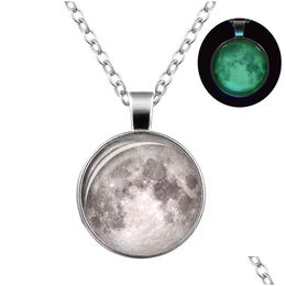 Pendant Necklaces Glowing In The Dark Vintage Galaxy Moon Glass Cabochon Necklace Sier Chain Luminous For Women Jewellery Drop Delivery Dhqvi