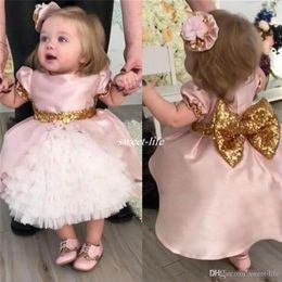 Bow Wedding Flower Girls Dresses Toddler Baby First Communication Wear With Gold Sequins Tiered Tea Length Party Ball Gown245E