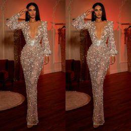 2021 Luxurious Beaded Evening Dresses Long Sleeves Deep V Neck Mermaid Prom Dress See Through Sexy Party Second Reception Gowns180y