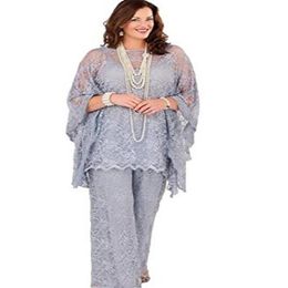 Lace Mother of the Bride Pant Suits 2017 Long Sleeves Three Pieces Silver Grey Formal Women Plus Size Groom Mother Dresses for Wed307n