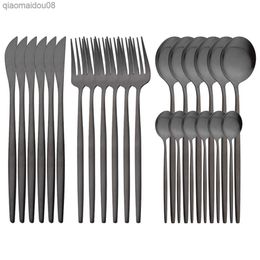 Matte 24Pcs Black Dinnerware Cutlery Set Stainless Steel Flatware Set Kitchen Silverware Home Steak Knife Fork Spoon Tableware L230704