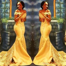 African Nigerian Yellow Mermaid Prom Dresses Long 2019 Off Shoulders Lace Sequined Satin Evening Prom Gowns BA8405229f