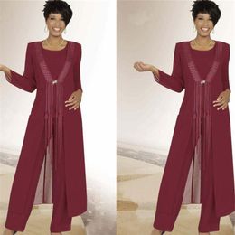 Burgundy Chiffon Bridal Pant Suits Wedding Mother Of the Bride Suits with Long Jacket Tassel Formal Evening Party Outfits with Wra317a