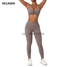 Yoga Outfit NCLAGEN Women Sportwear Yoga Set 2 Piece Quick Dry Sports Tracksuit Bra Leggings High Elastic Sexy Gym Running Fitness Suit J230725