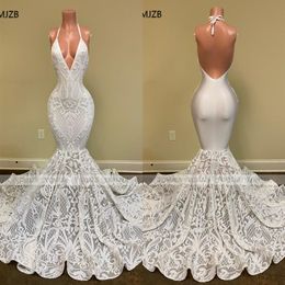 White Mermaid Style Prom Dresses Long 2022 Sexy Halter Backless Sparkly Sequin African Black Girl Formal Party Evening Gown2645