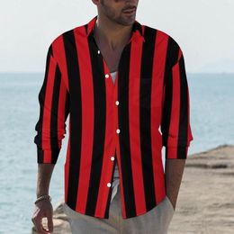 Men's Casual Shirts Vertical Striped Shirt Red And Black Stripes Autumn Aesthetic Design Blouses Long Sleeve Fashion Oversized Tops