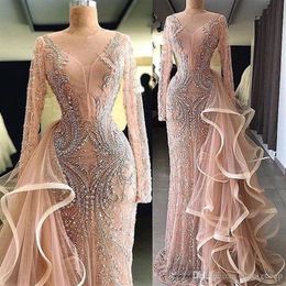 Champagne Luxurious Beaded Evening Dresses Detachable Train Real Pictures Long Sleeves Mermaid Prom Dresses Pageant Formal Party G265K
