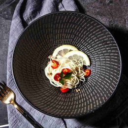 Japanese tableware restaurant noodle soup bowl 7 inch black retro striped ceramic round deep noodle bowl L230704