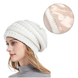 Beanie/Skull Caps Fashion Autumn Winter Thickened Warm Hats For Women With Elastic Satin Lining Geometric Wool Knitted Hat Solid Handmade Be