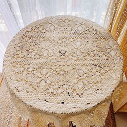 Table Cloth Rural Style Beige Crocheted Fringed Tablecloth Lace Hollow Tea Fabric Night Dust Cover Towel Decor