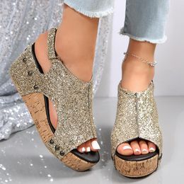 Glitter Sandals Gold Sier Chunky Platform Women Summer Peep Toe Wedges Sandles Woman Retro Back Strap Glaidator Shoes Big Size 8693