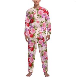 Men's Sleepwear Tropical Baroque Floral Pyjamas Long Sleeve Vintage Pink Roses 2 Pieces Room Pyjama Sets Spring Mens Printed Fashion Home