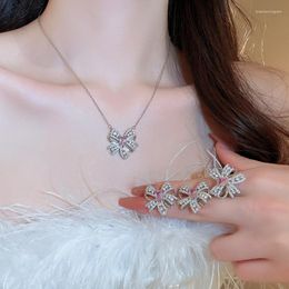 Necklace Earrings Set For Women Bows Pink Zircon Princess Pendant Necklaces Rings Shiny Chain Collar Collier Y2K Accessoriesbe