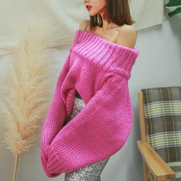 Women's Sweaters Sexy Off-shoulder Slash-neck Long Sleeve Knitted Women Warm Thick Elastic Pullovers Femme 2023 Pink Jumper Club