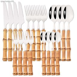 20Pcs Bamboo Handle Cutlery Set 304 Stainless Steel Dinnerware Set Knife Cake Forks Coffee Spoon Tableware Western Home Flatware L230704