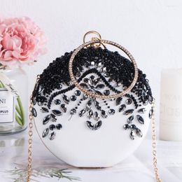 Evening Bags Luxury Women Party Wedding Beading Round Vintage Diamond Crystal Flower Black White Day Clutches With Gold Chain