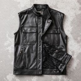 Men's Vests Motorcycle Biker Leather Vest Men Genuine Cow Sleeveless Jackets REAL Cowhide Stand Collar Waistcoat Outwear