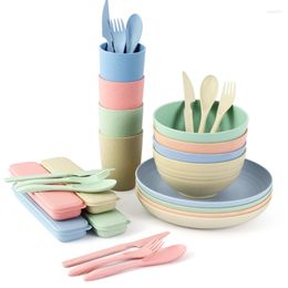 Flatware Sets 28PCS Portable Tableware Set Wheat Straw Cutlery Camping Dishes Dinnerware Fork Spoon Chopsticks Picnic